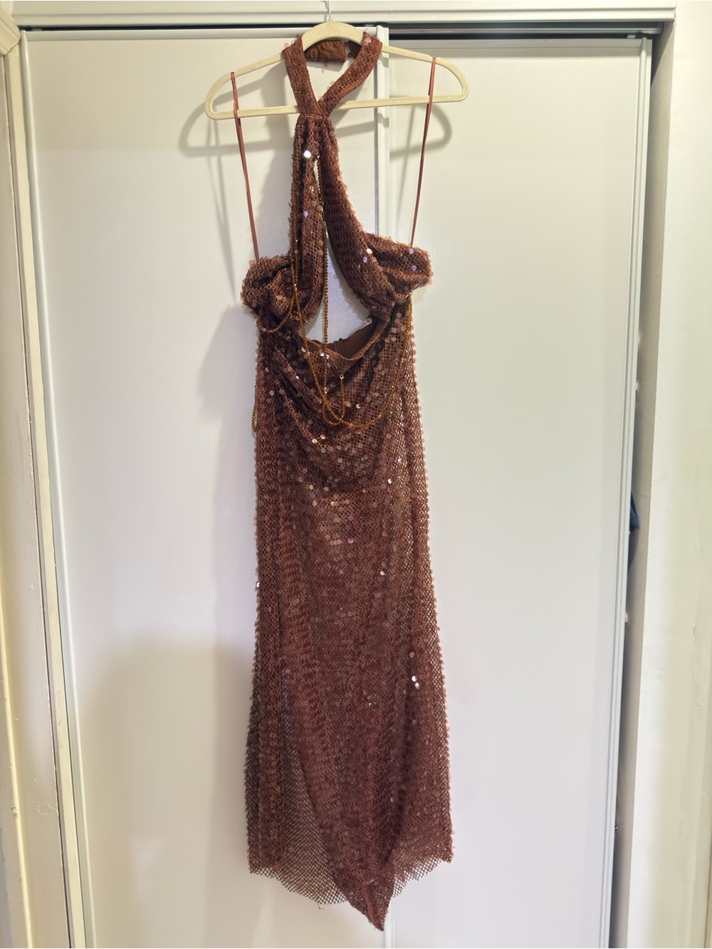 12th Tribe Copper Sequin Backless Halter Dress